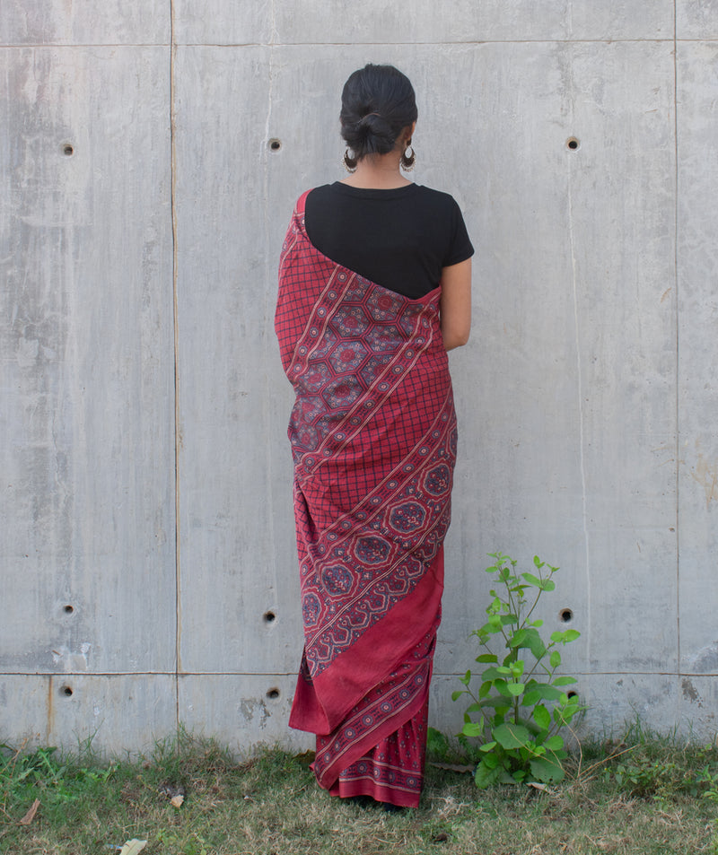 Ajrakh Modal silk hand block printed saree