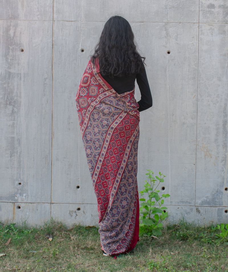 Ajrakh Gajji silk hand block printed saree