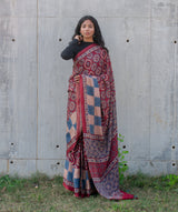 Ajrakh Gajji silk hand block printed saree