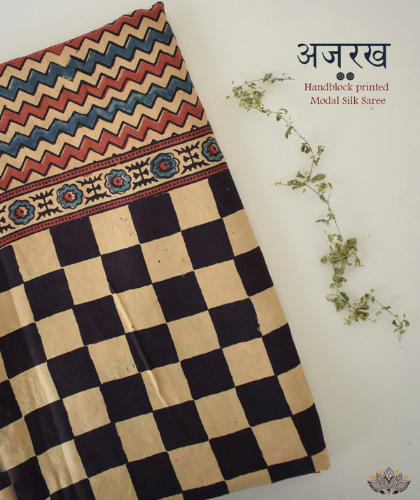 Ajrakh Abu silk hand block printed saree