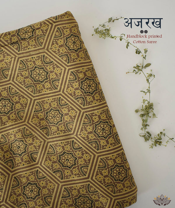 Ajrakh Chanderi silk cotton hand block printed saree