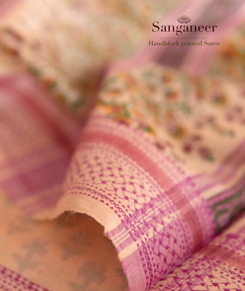 Sanganeer Tussar Handblock Printed Saree