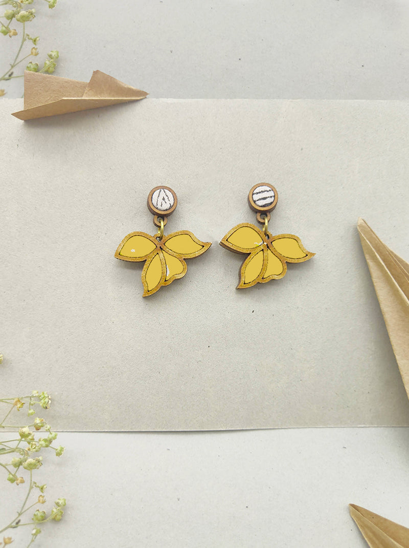 WHE Bloom Leaf Motif Repurposed Fabric and Wood Yellow Earring