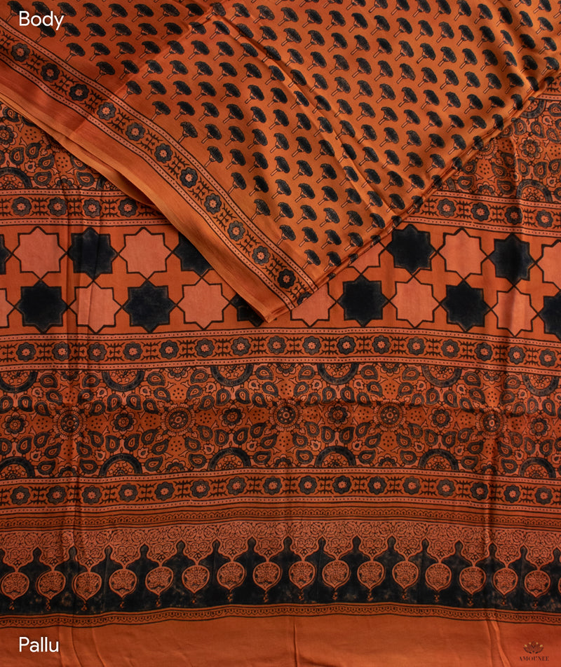 Ajrakh modal silk hand block printed saree