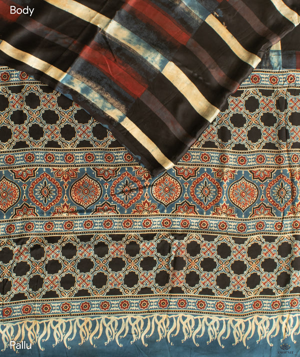 Ajrakh modal silk hand block printed saree