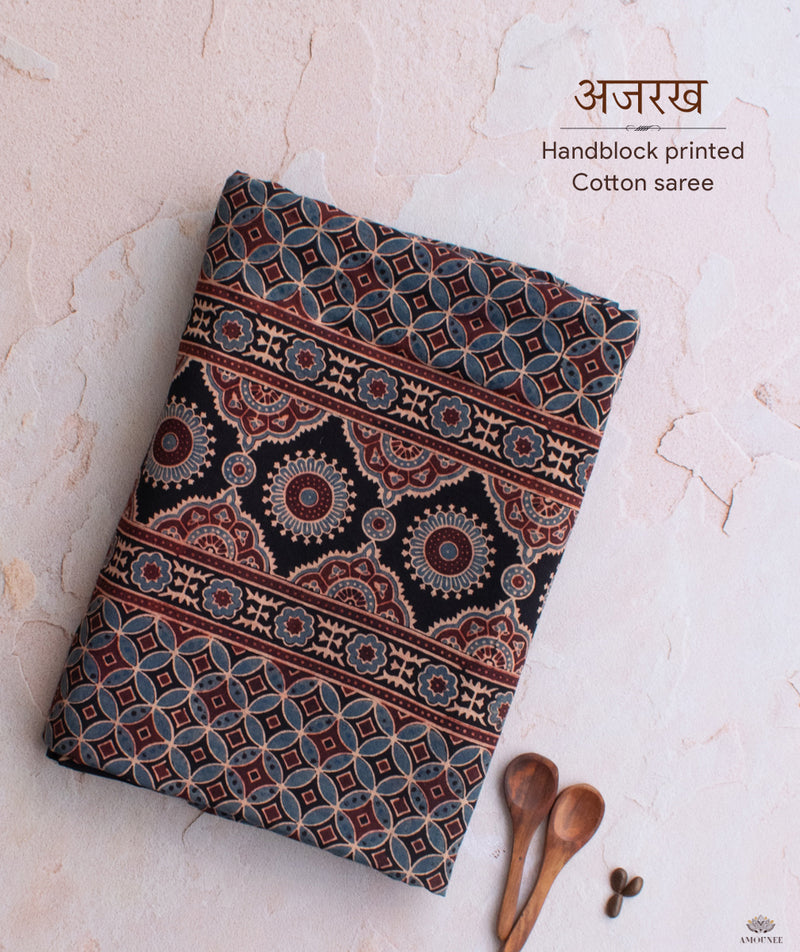Ajrakh Cotton Handblock Printed Saree