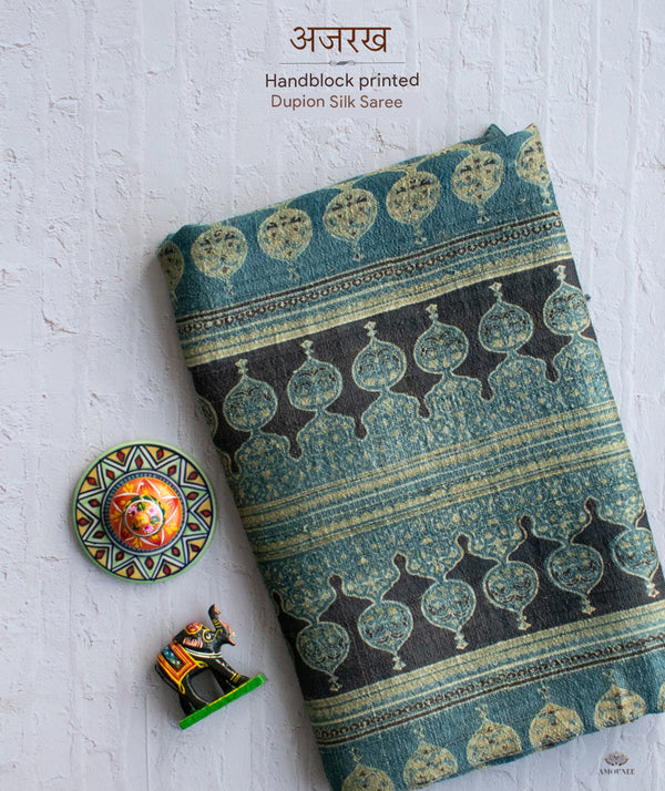 AJRAKH DUPION SILK HAND BLOCK PRINTED SAREE