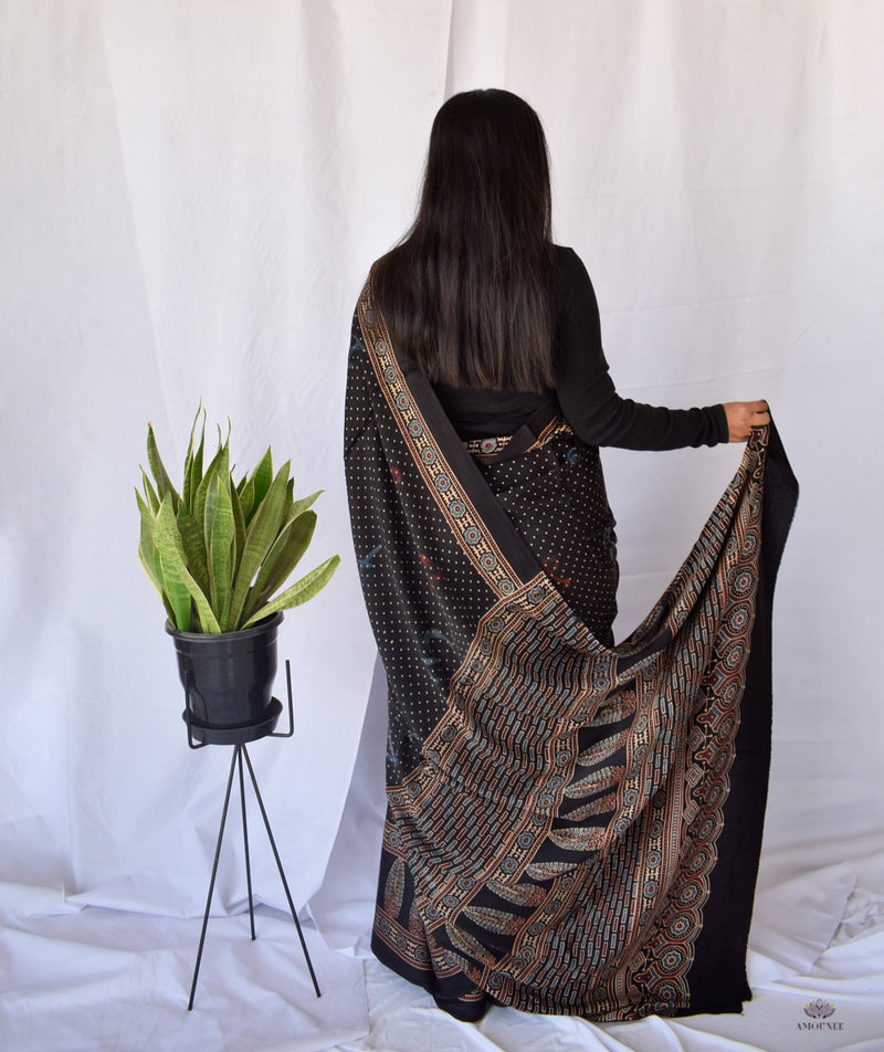 AJRAKH MODAL SILK HAND BLOCK PRINTED SAREE