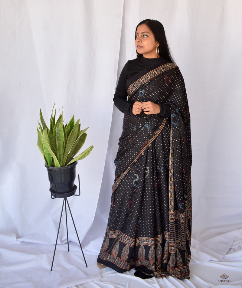 AJRAKH MODAL SILK HAND BLOCK PRINTED SAREE