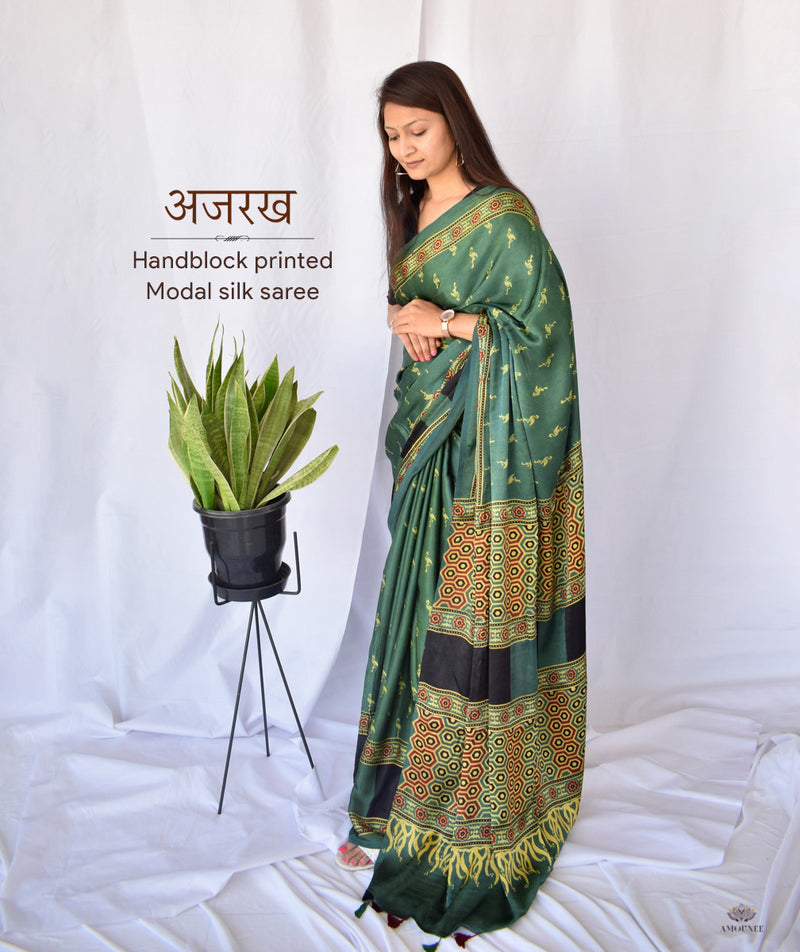 AJRAKH MODAL SILK HAND BLOCK PRINTED SAREE