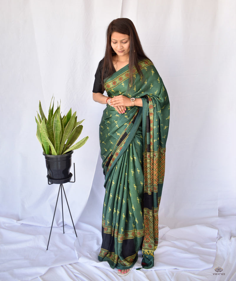 AJRAKH MODAL SILK HAND BLOCK PRINTED SAREE