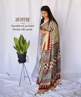 AJRAKH MODAL SILK HAND BLOCK PRINTED SAREE