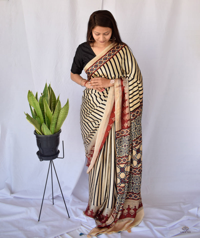 AJRAKH MODAL SILK HAND BLOCK PRINTED SAREE