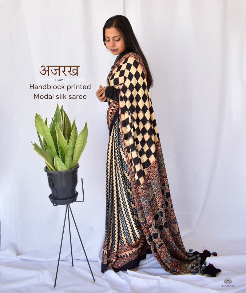 AJRAKH MODAL SILK HAND BLOCK PRINTED SAREE