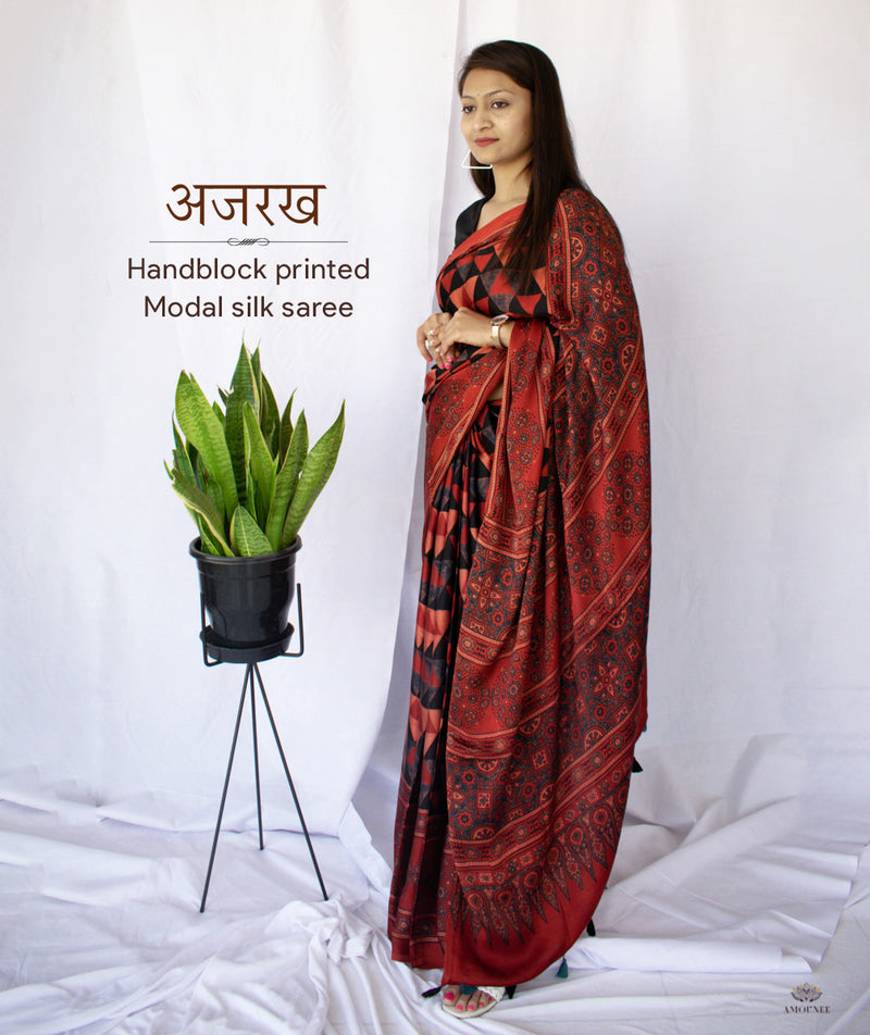 AJRAKH MODAL SILK HAND BLOCK PRINTED SAREE