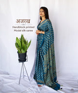 AJRAKH MODAL SILK HAND BLOCK PRINTED SAREE