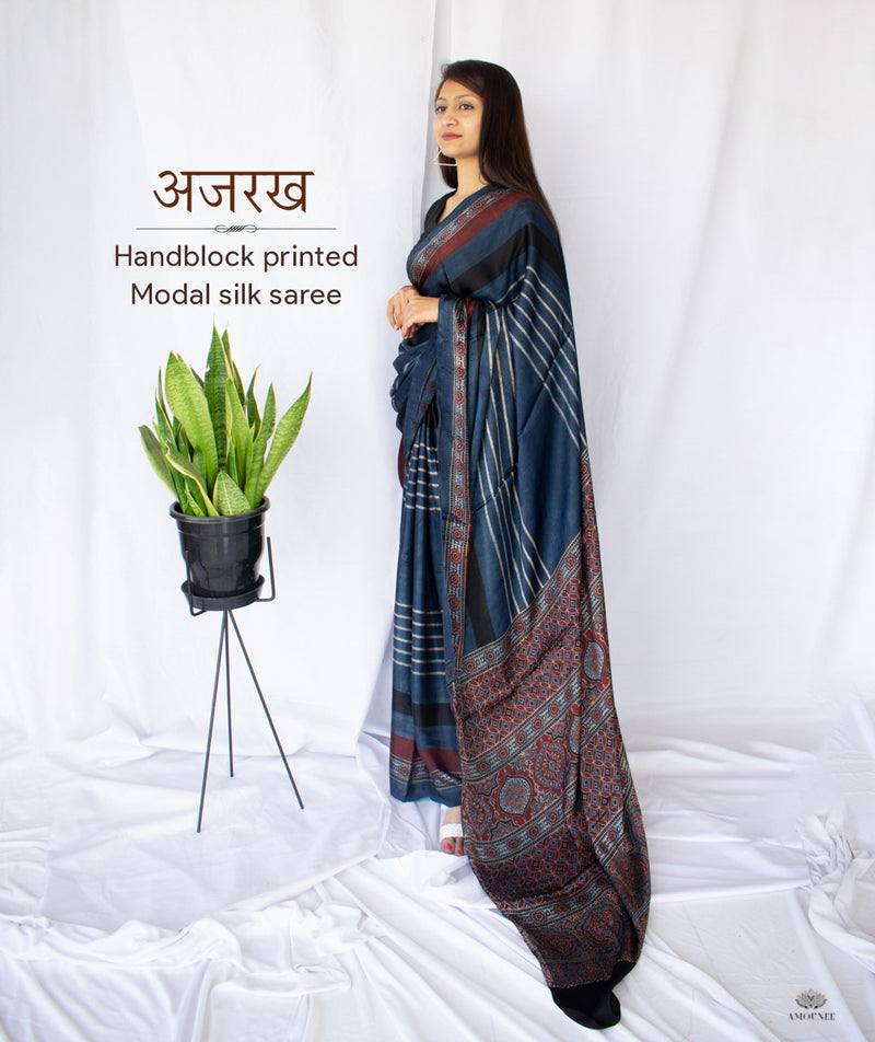 AJRAKH MODAL SILK HAND BLOCK PRINTED SAREE