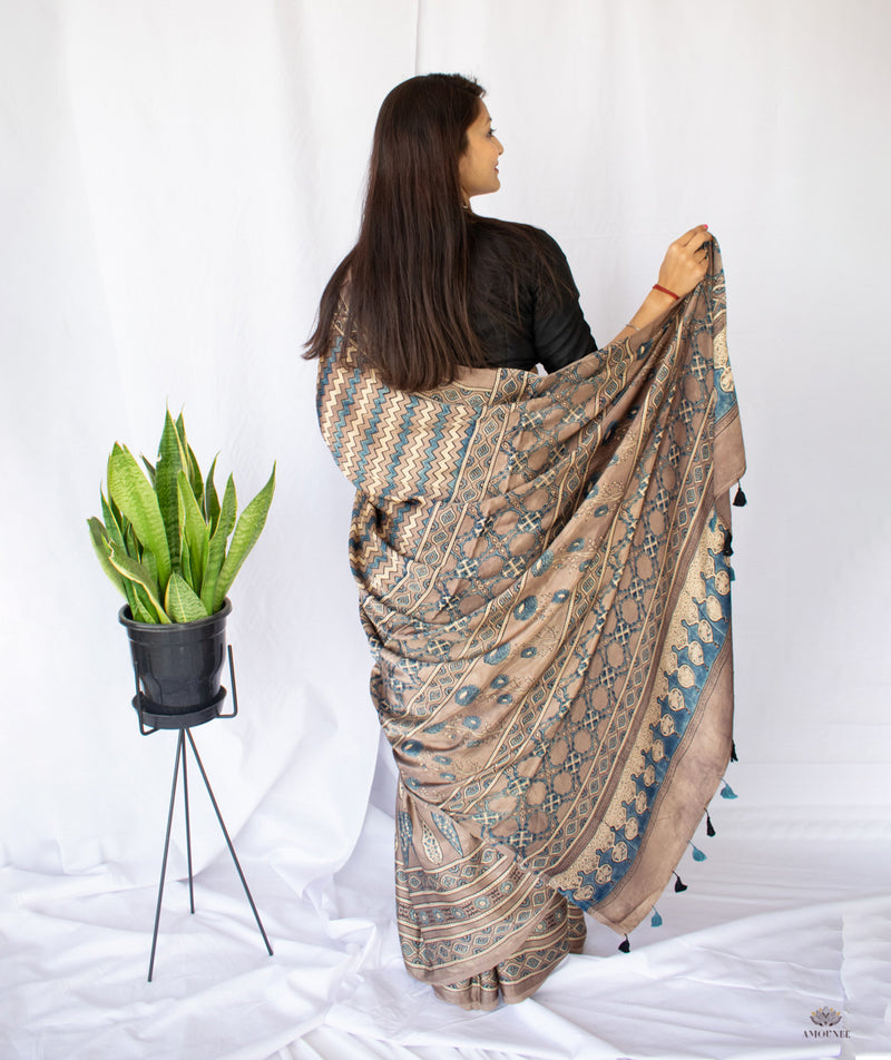 AJRAKH MODAL SILK HAND BLOCK PRINTED SAREE