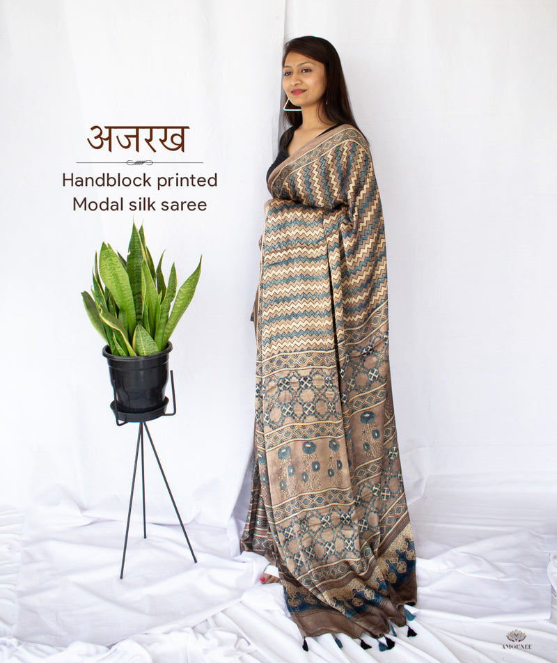 Buy authentic Ajrakh modal silk handblock printed saree online-AMOUNEE –  AMOUNEE - Handloom & Handicraft