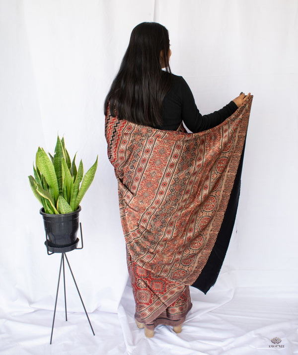 AJRAKH MODAL SILK HAND BLOCK PRINTED SAREE