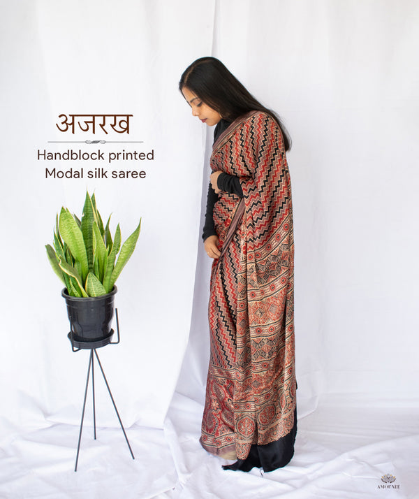 AJRAKH MODAL SILK HAND BLOCK PRINTED SAREE