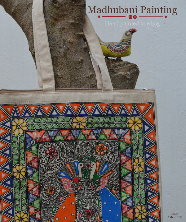Madhubani Handpainted Canvas Bags with Zipper - Tilohri