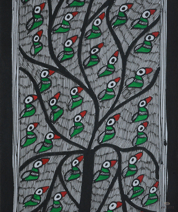 Madhubani Hand Painting: Tree of Life with parrots