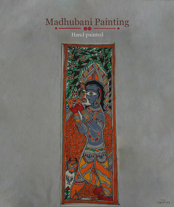 Madhubani Hand Painting: Lord Krishna playing flute