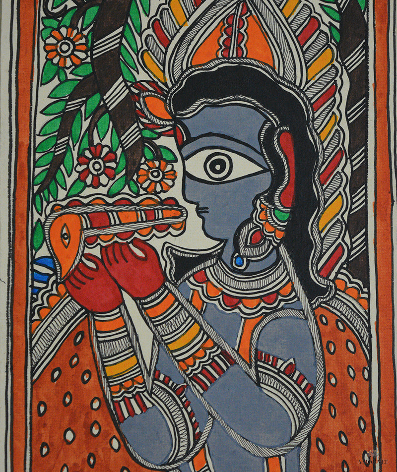 Madhubani Hand Painting: Lord Krishna playing flute