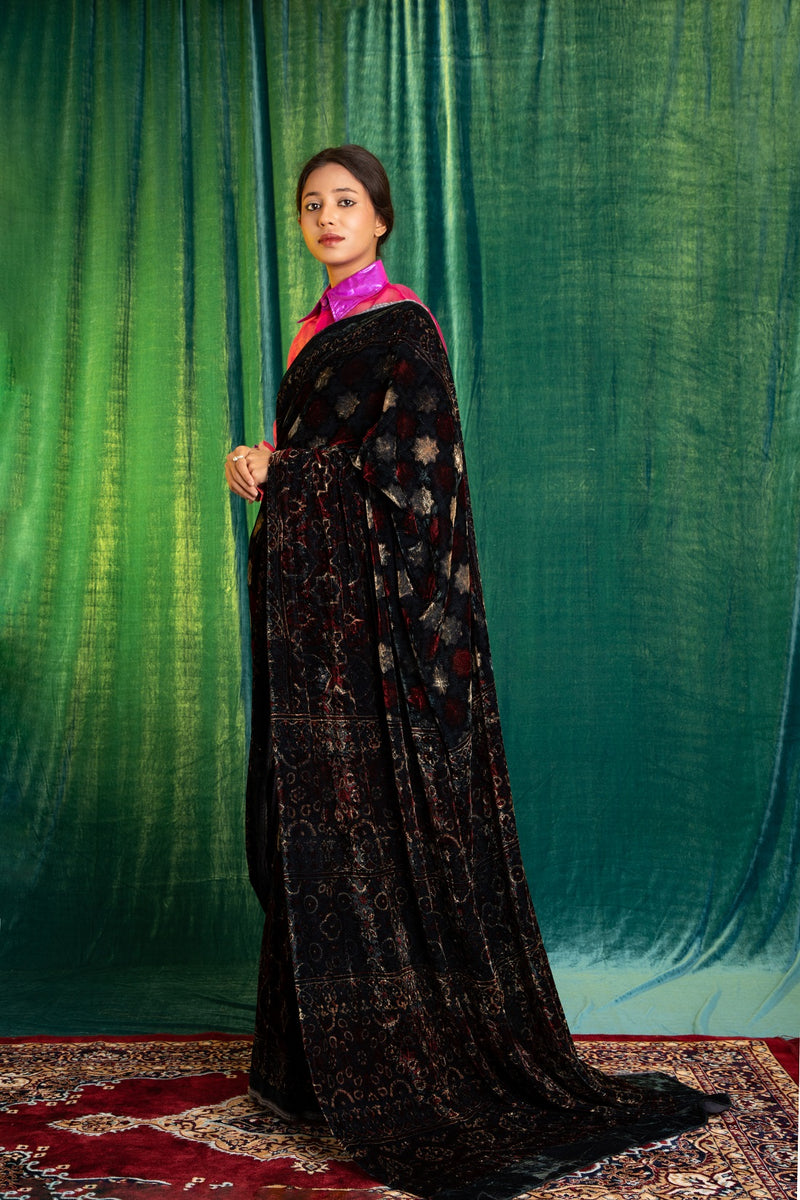 AJRAKH VELVET HAND BLOCK PRINTED SAREE