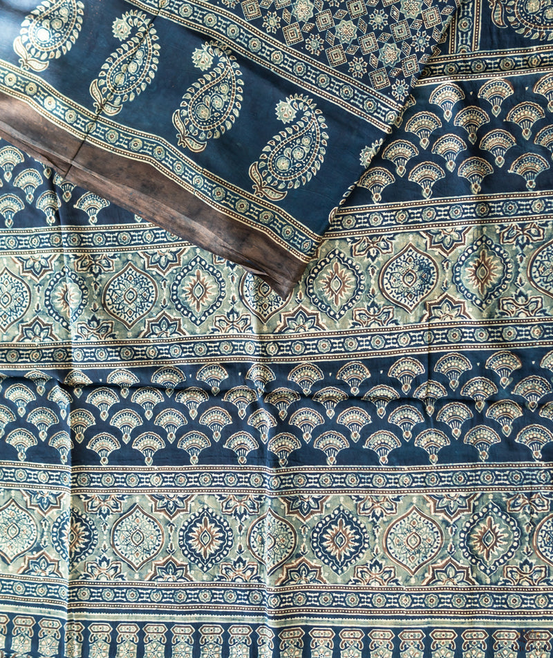 Ajrakh modal silk hand block printed saree