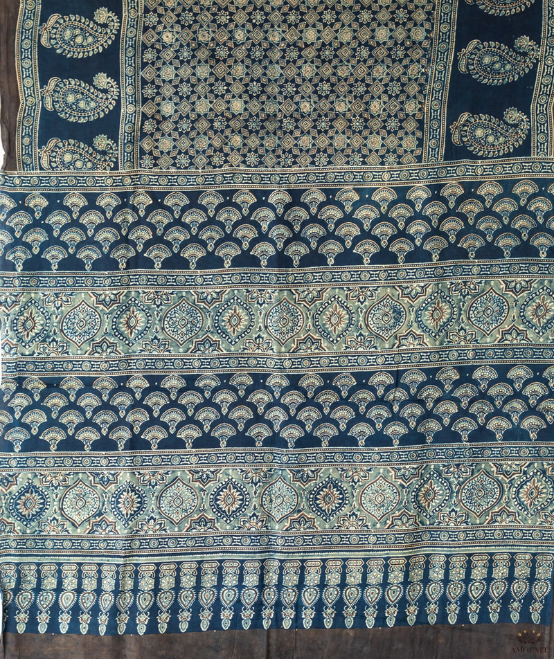 Ajrakh modal silk hand block printed saree