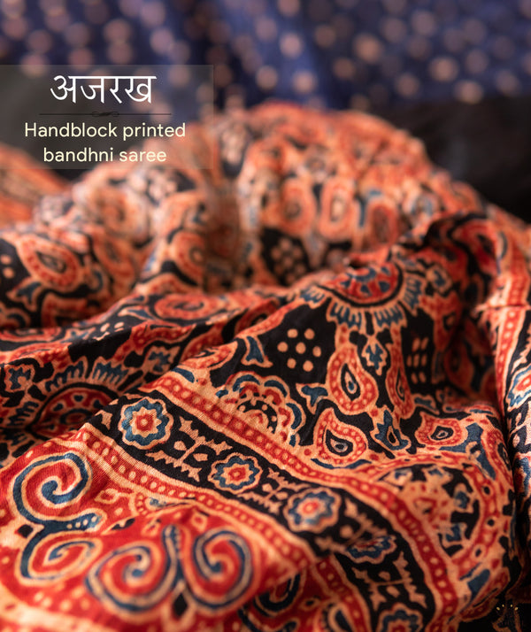 Ajrakh Bandhani Silk Handblock Printed Saree