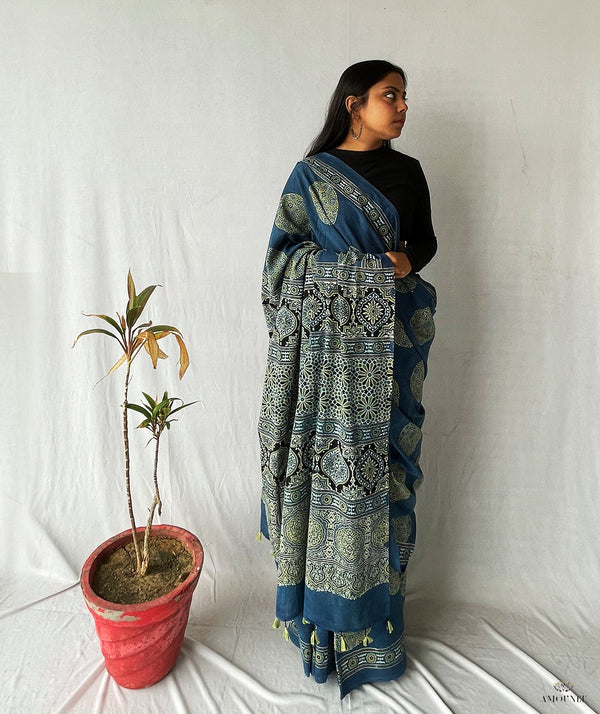 Ajrakh Cotton Handblock Printed Saree