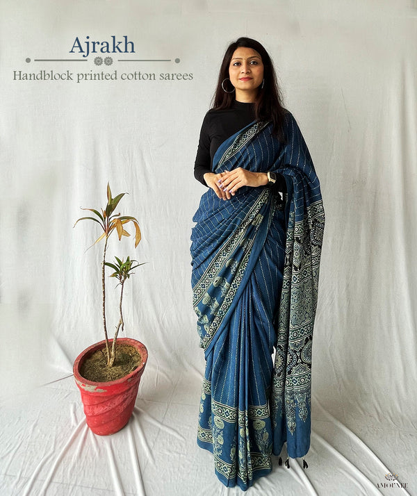 Ajrakh Cotton Handblock Printed Saree