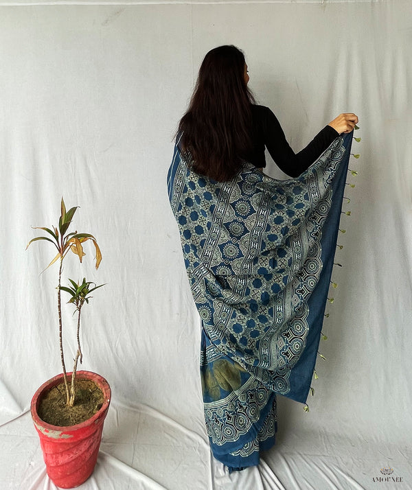 Ajrakh Cotton Handblock Printed Saree