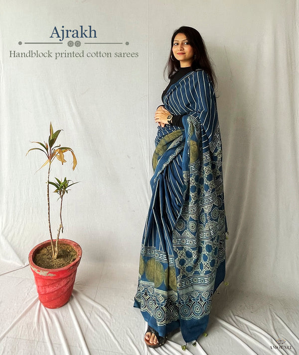 Ajrakh Cotton Handblock Printed Saree