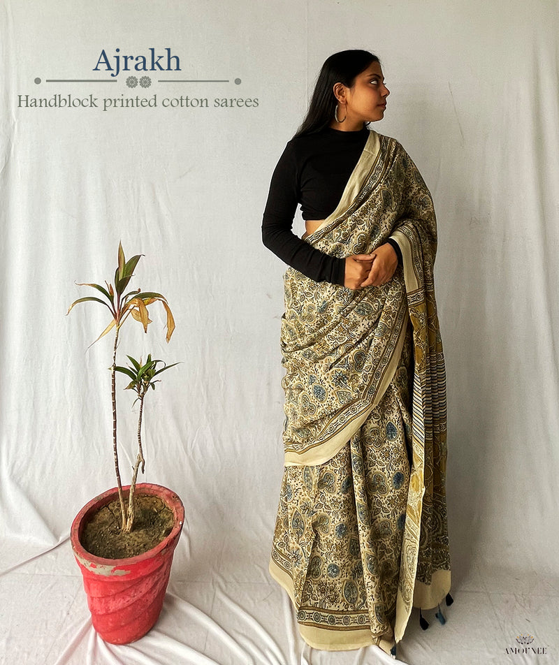 Ajrakh Cotton Handblock Printed Saree