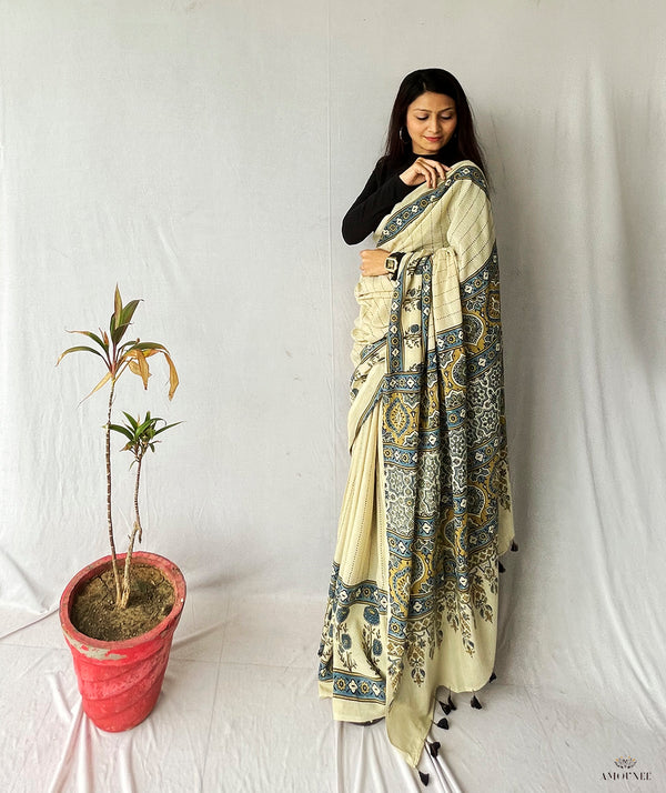 Ajrakh Cotton Handblock Printed Saree