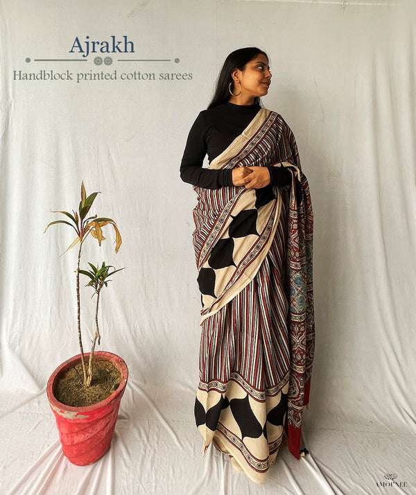 Ajrakh Cotton Handblock Printed Saree