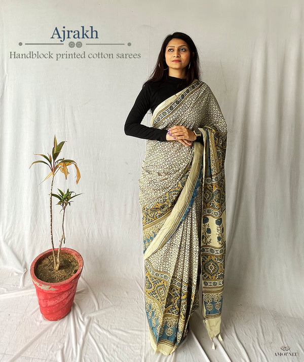 Mul Mul Cotton Blue Ajrak Print Geometric Pattern Saree | Kishori