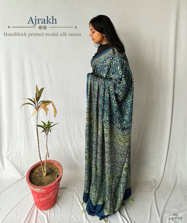 Buy authentic Ajrakh modal silk handblock printed saree online