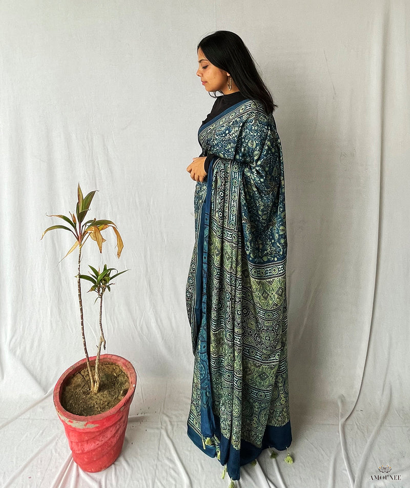 Ajrakh Modal Silk Handblock Printed Saree
