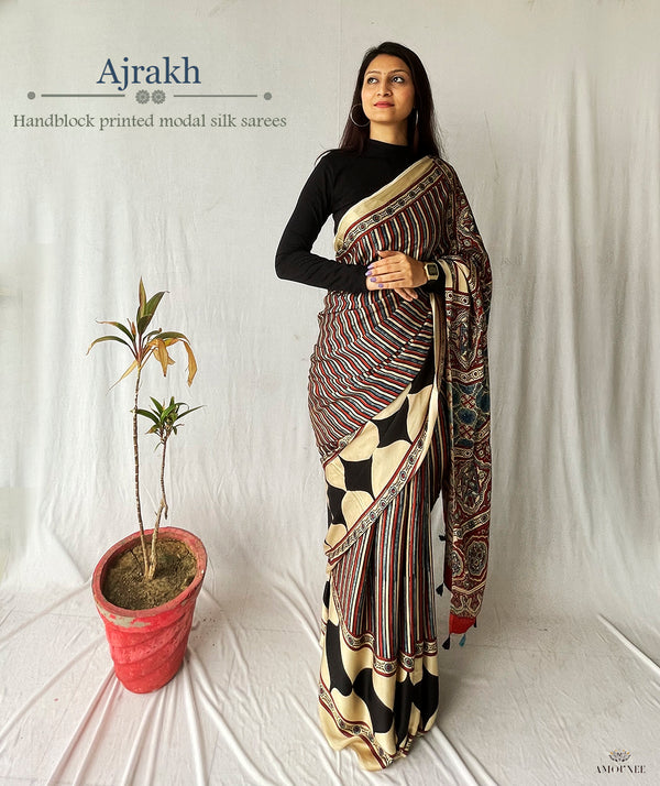 Ajrakh Modal Silk Handblock Printed Saree