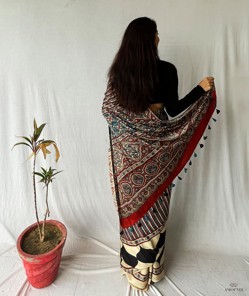 Ajrakh Modal Silk Handblock Printed Saree