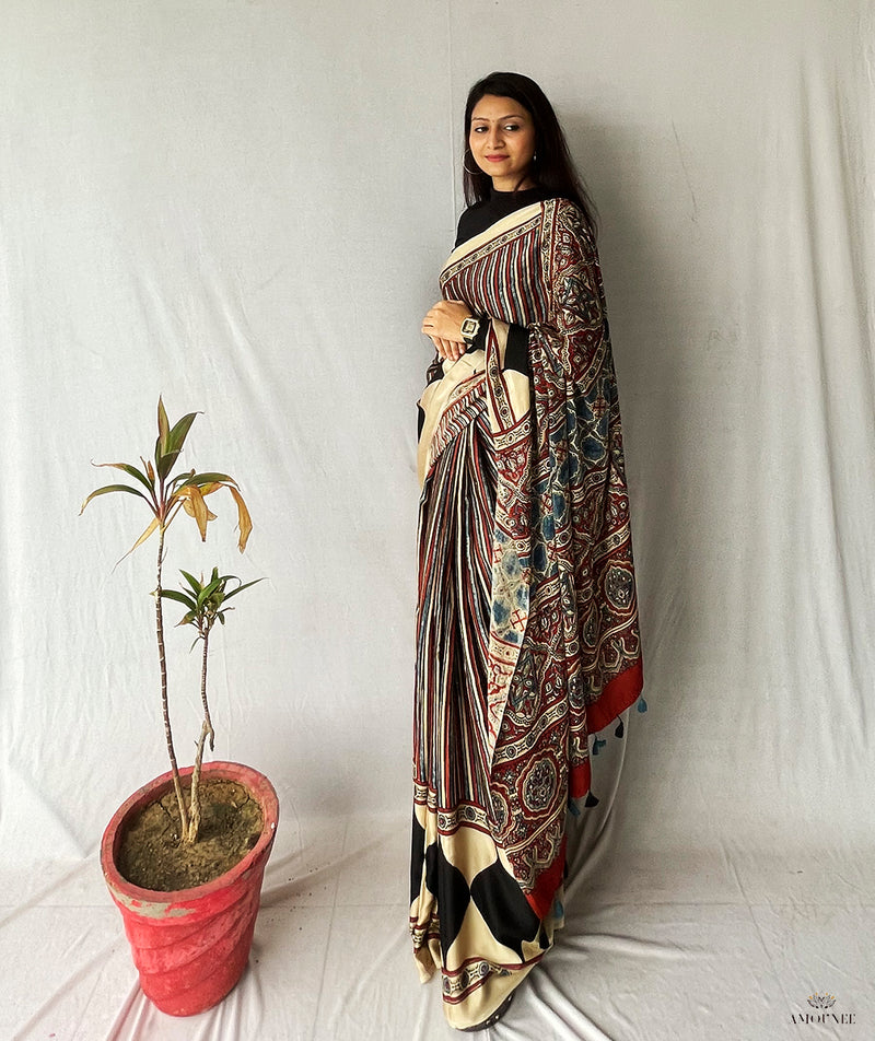 Ajrakh Modal Silk Handblock Printed Saree