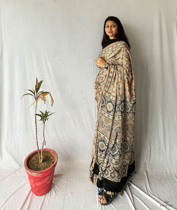 Ajrakh Modal Silk Handblock Printed Saree