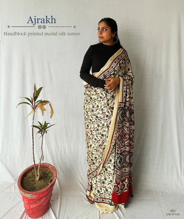 Ajrakh Modal Silk Handblock Printed Saree