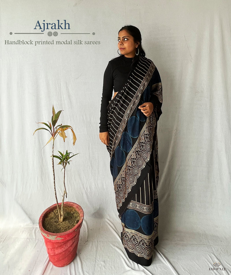 Ajrakh Modal Silk Handblock Printed Saree