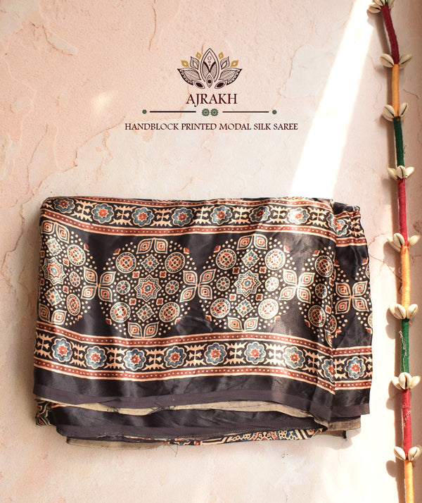 Ajrakh Modal Silk Handblock Printed Saree